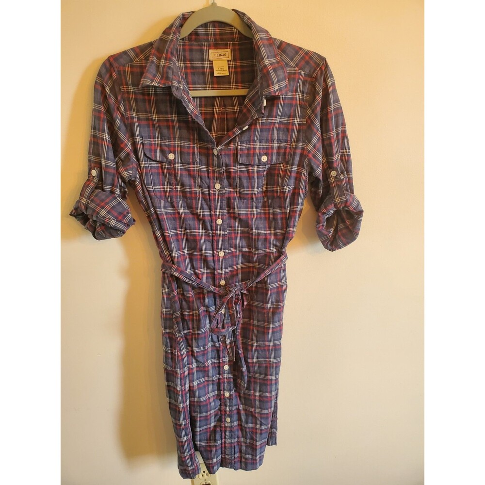 L.L. Bean Plaid Belted Shirt Dress Size S Small Red Blue 100% Cotton Roll Tab - Picture 9 of 16